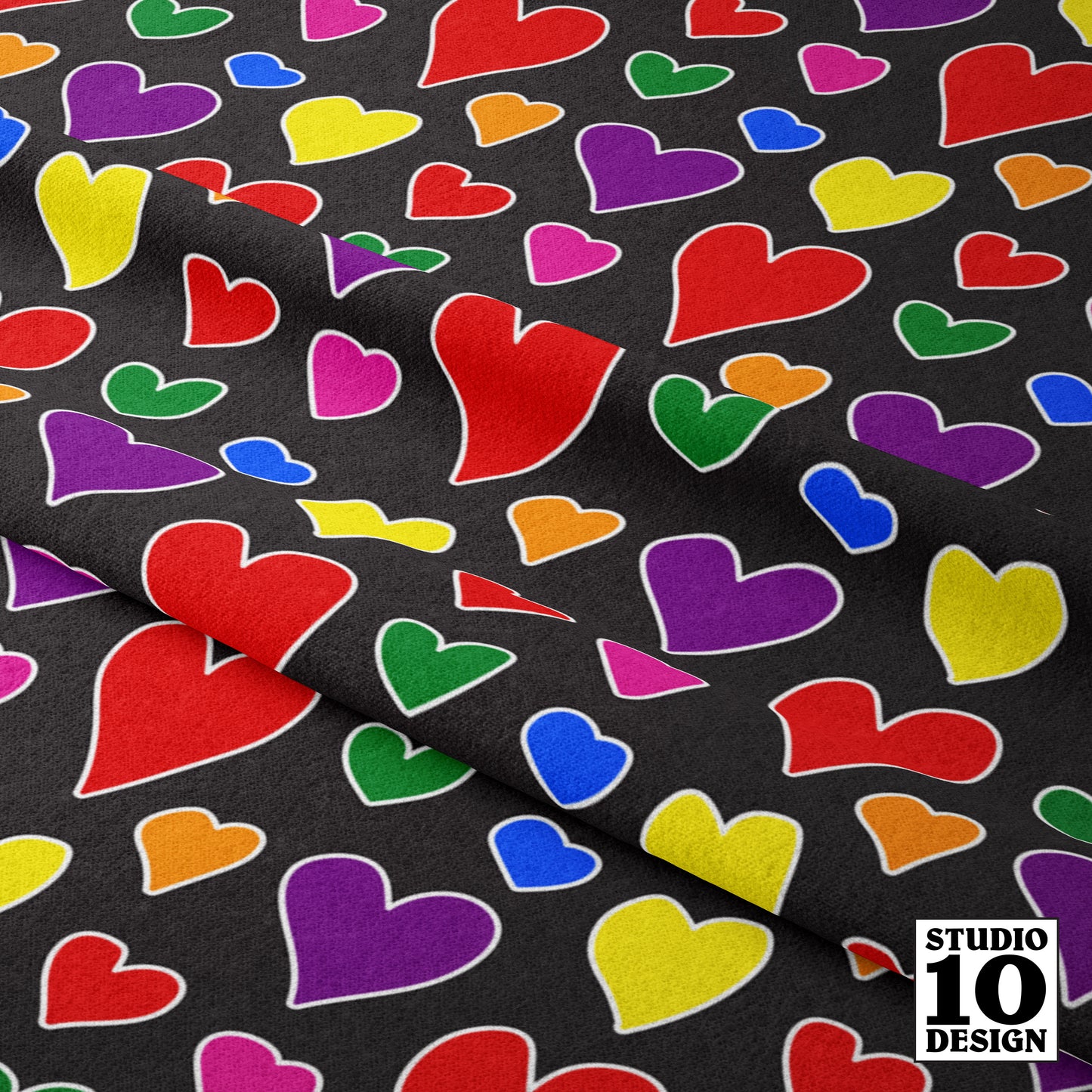 Rainbow Hearts Multicolor+Black Printed Fabric by Studio Ten Design