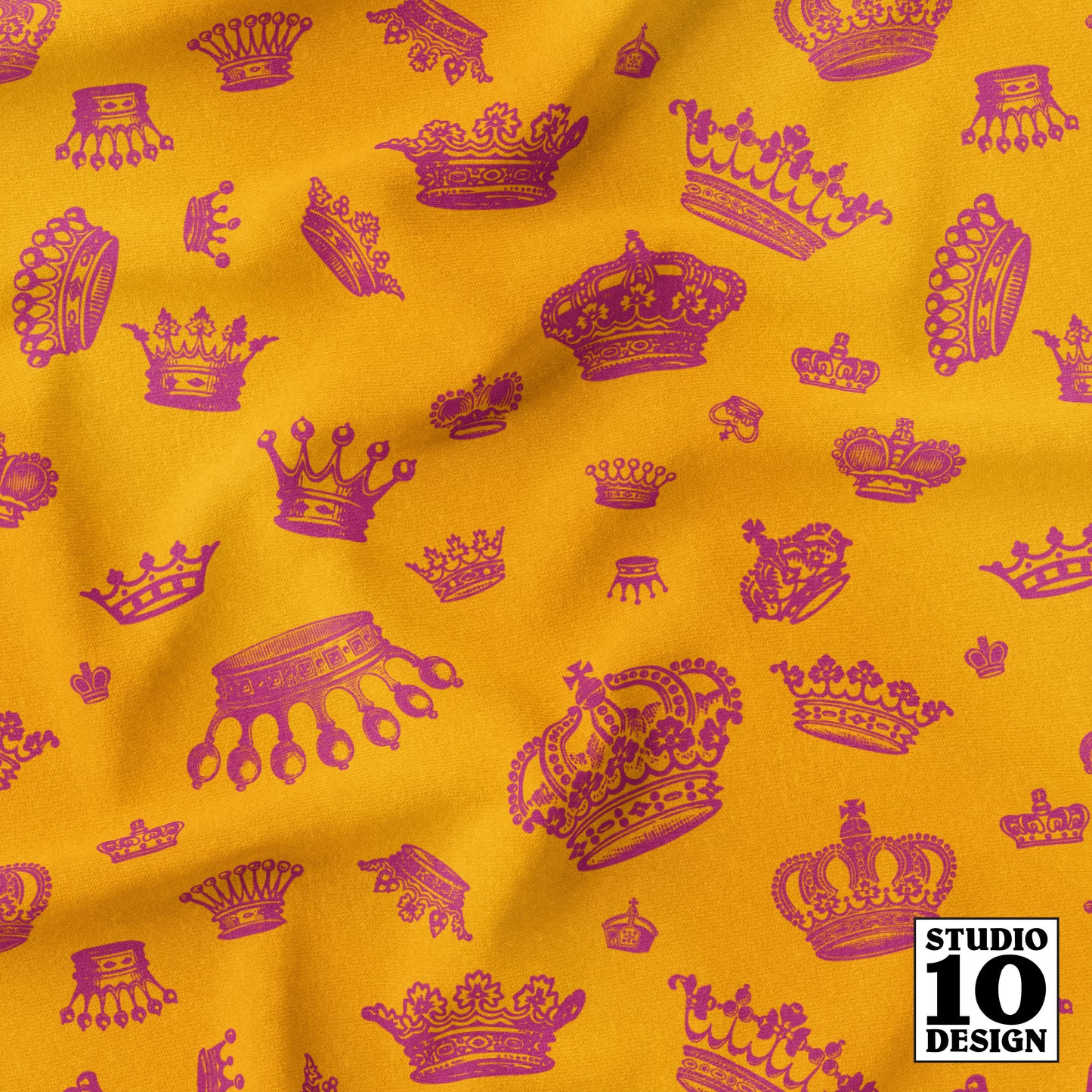 Royal Crowns Bubble Gum+Marigold Printed Fabric by Studio Ten Design