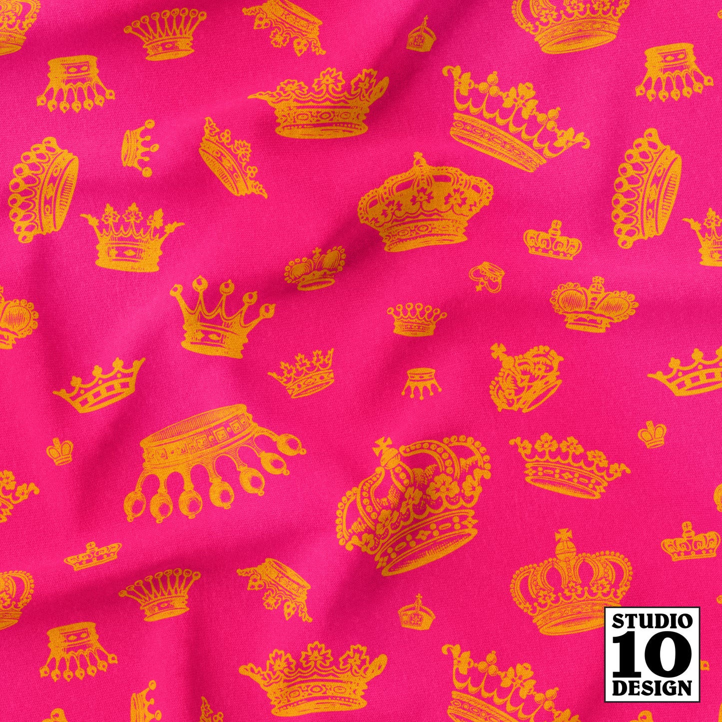 Royal Crowns Golden Yellow+Hot Pink Printed Fabric by Studio Ten Design