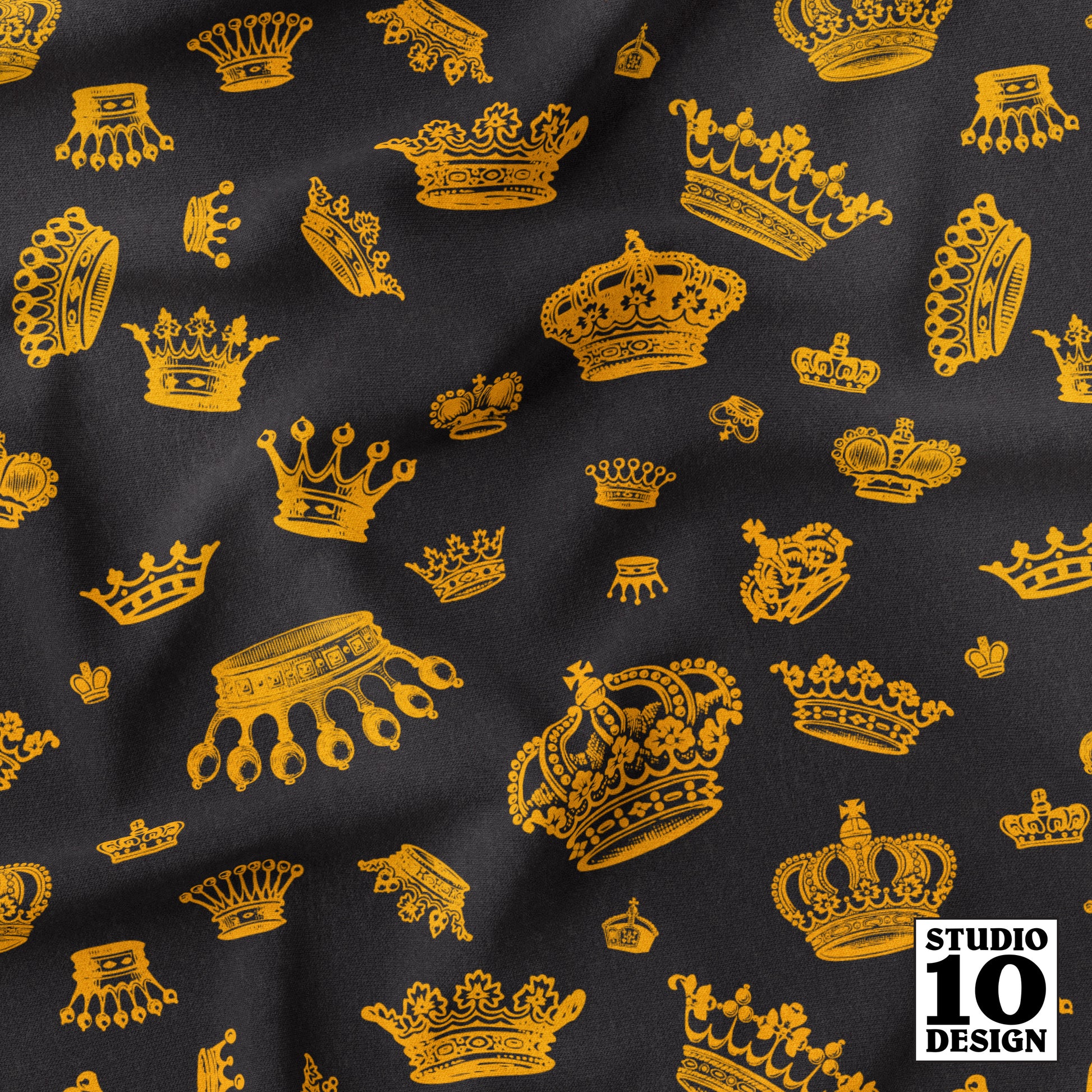 Royal Crowns Marigold+Black Printed Fabric by Studio Ten Design