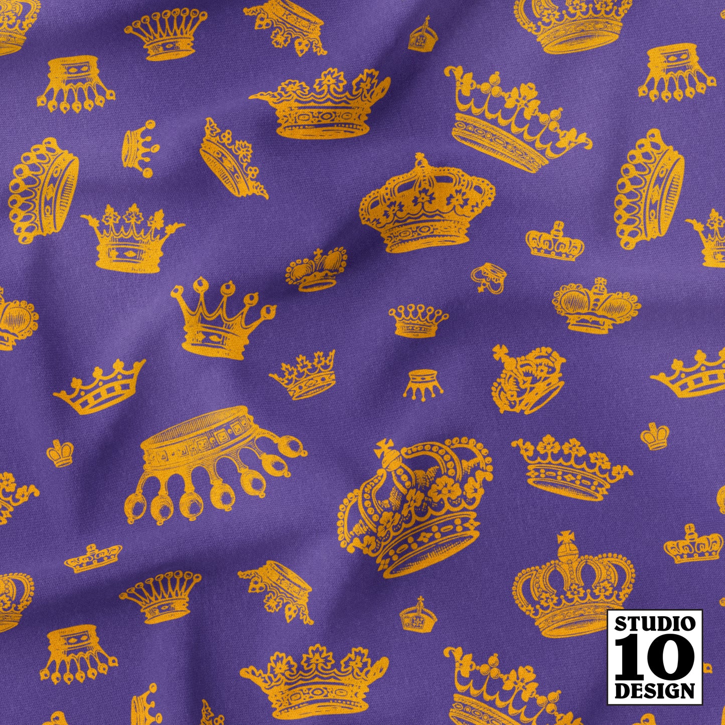 Royal Crowns Marigold+Grape Printed Fabric by Studio Ten Design