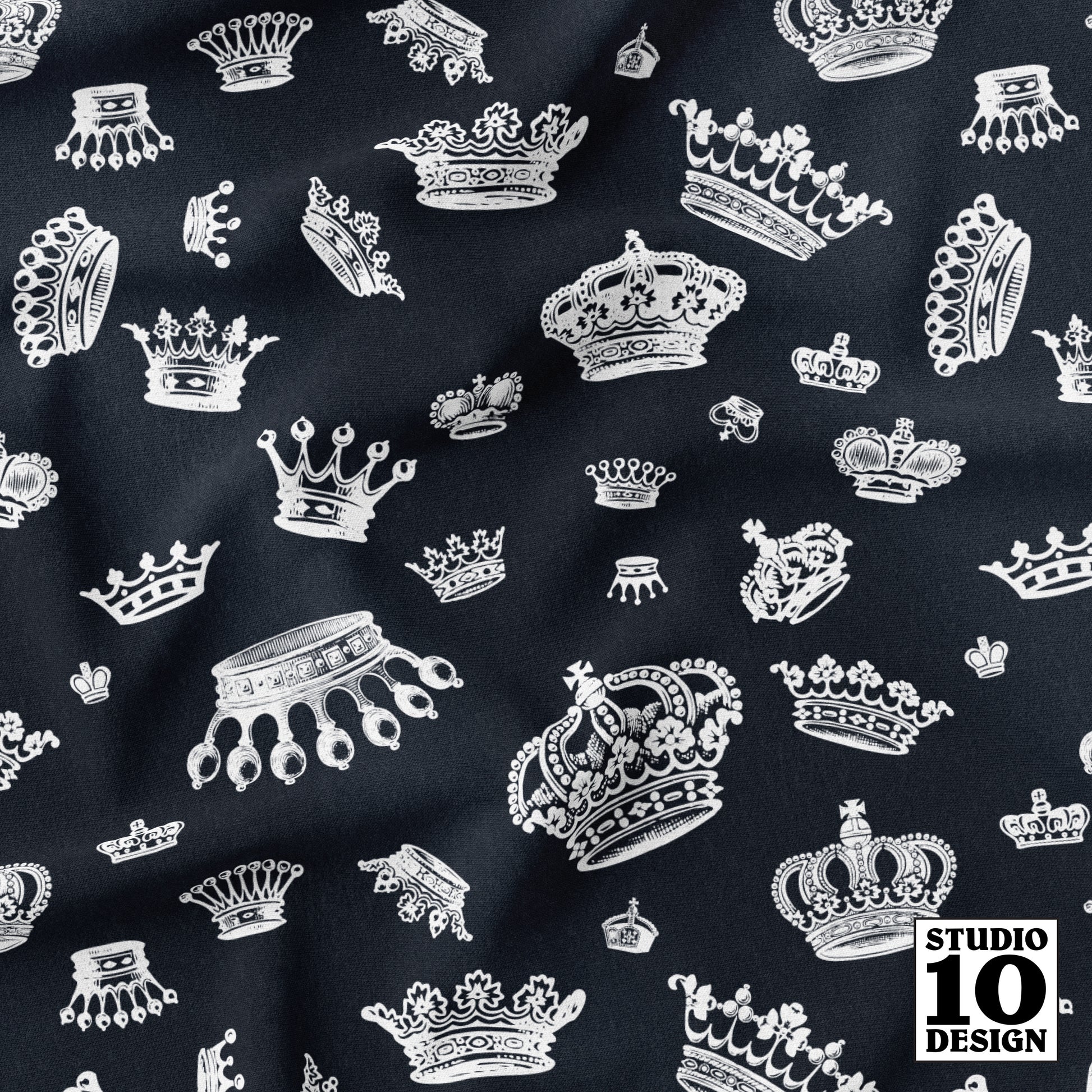 Royal Crowns White+Black Printed Fabric by Studio Ten Design