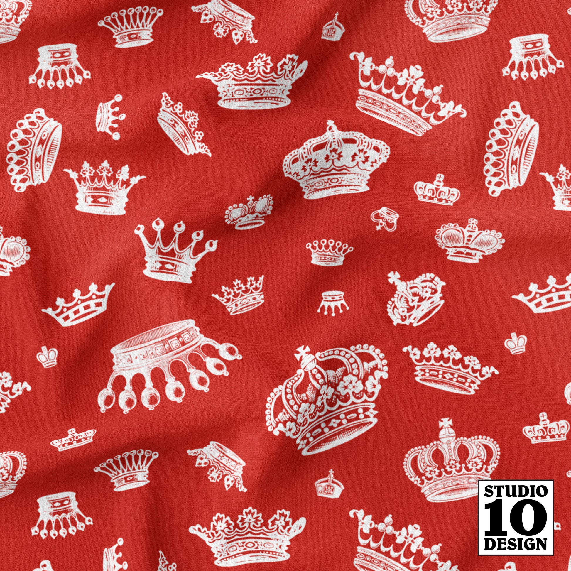 Royal Crowns White+Poppy Red Printed Fabric by Studio Ten Design