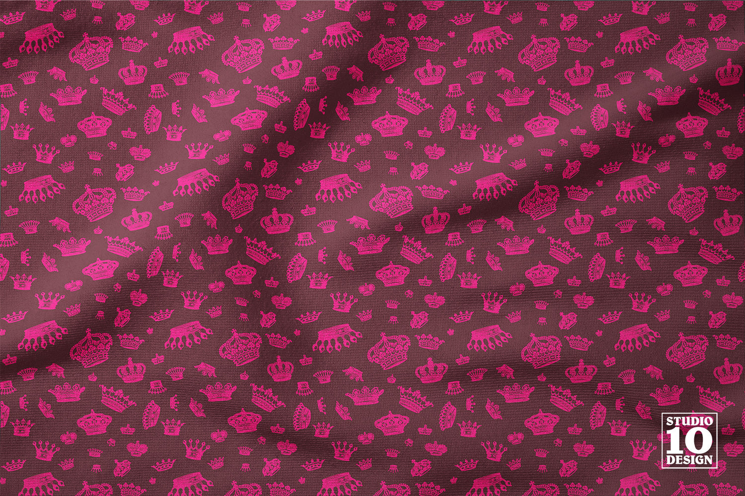 Royal Crowns Hot Pink+Maroon Printed Fabric by Studio Ten Design