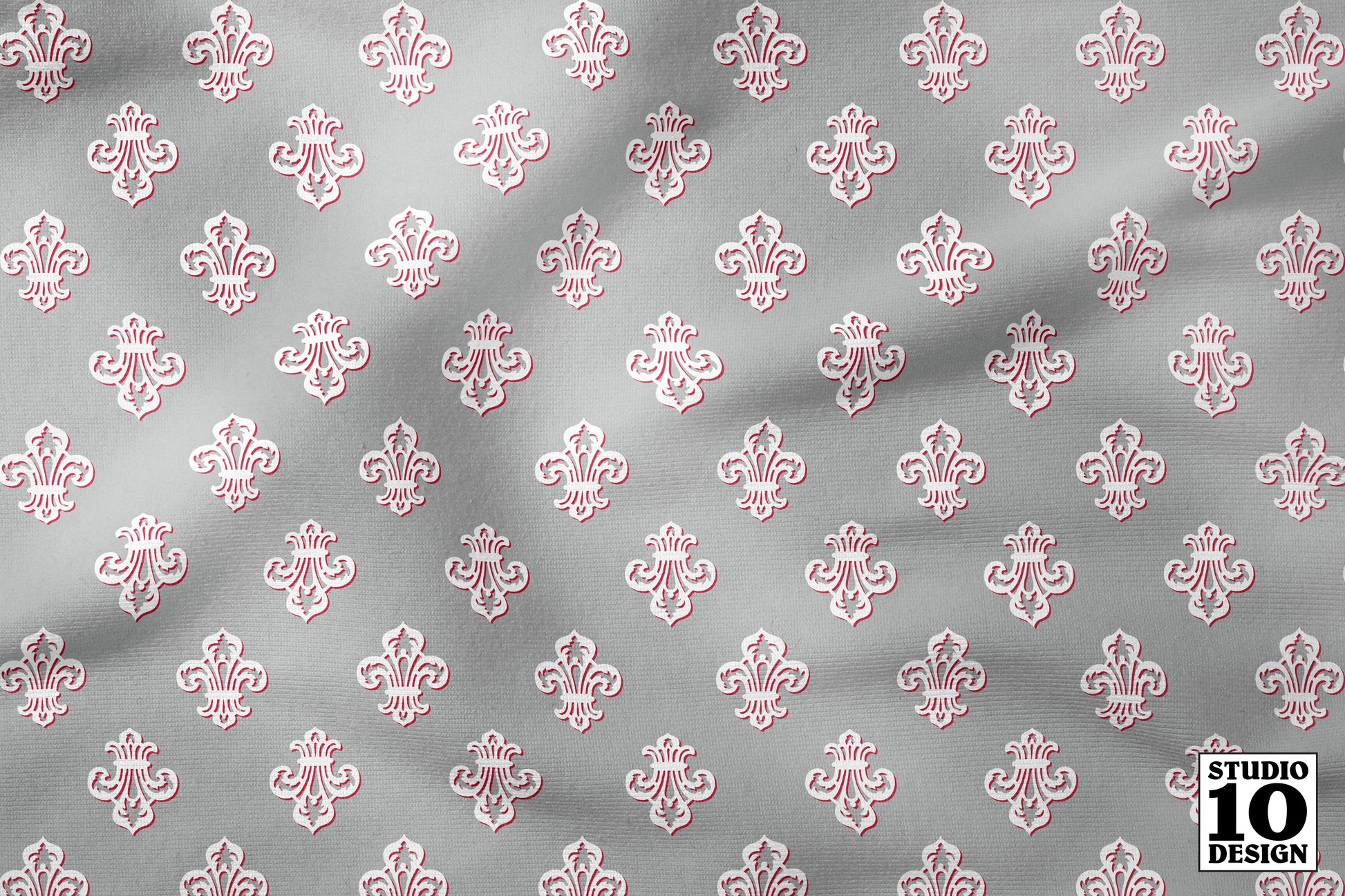 Fleur de Lis (Grey, White, Red) Printed Fabric by Studio Ten Design