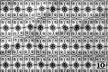 Ironwork Grille (Black, Grey, White) Printed Fabric by Studio Ten Design