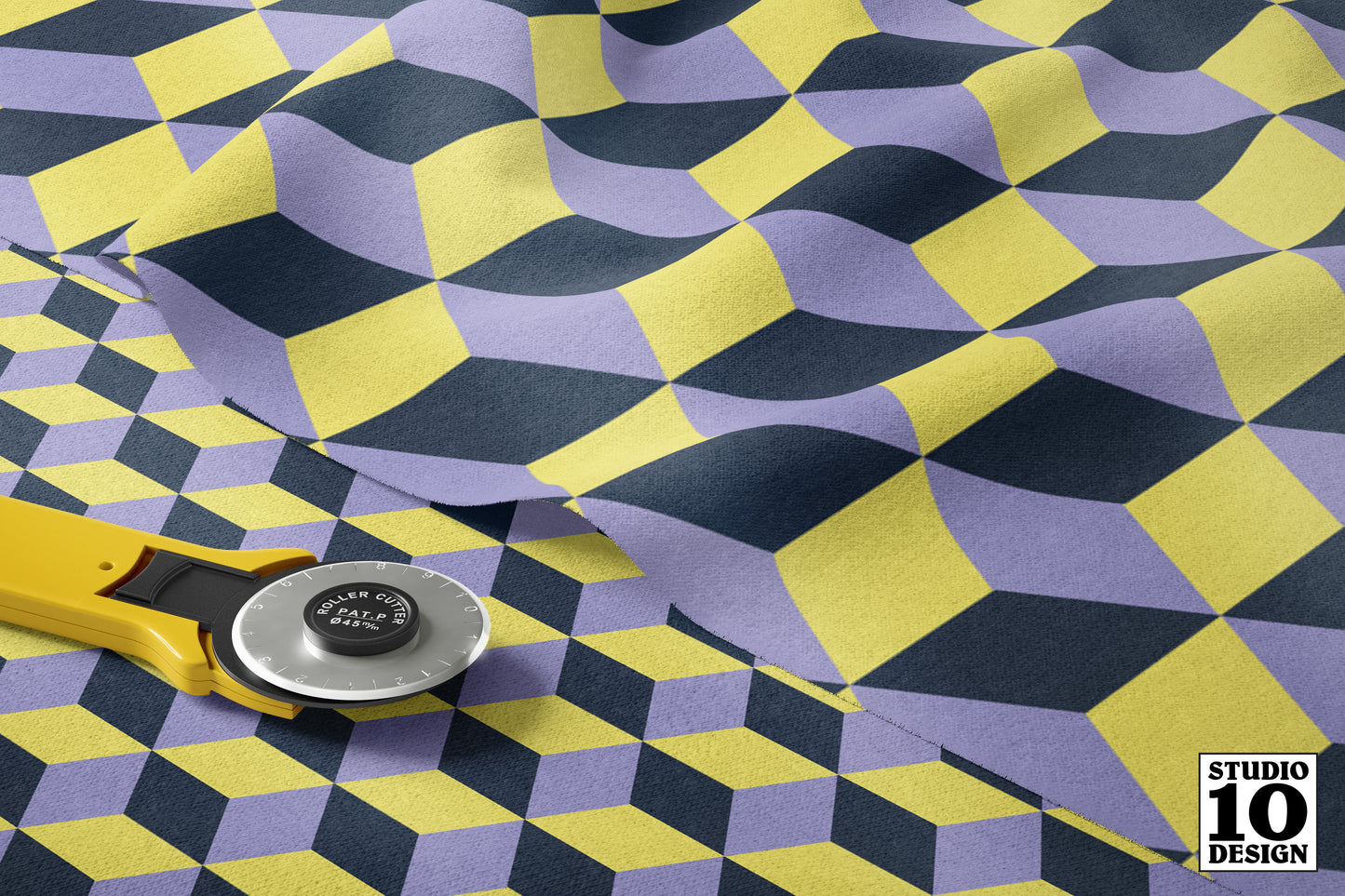 Tumbling Blocks: Lilac, Buttercup, Navy Printed Fabric by Studio Ten Design