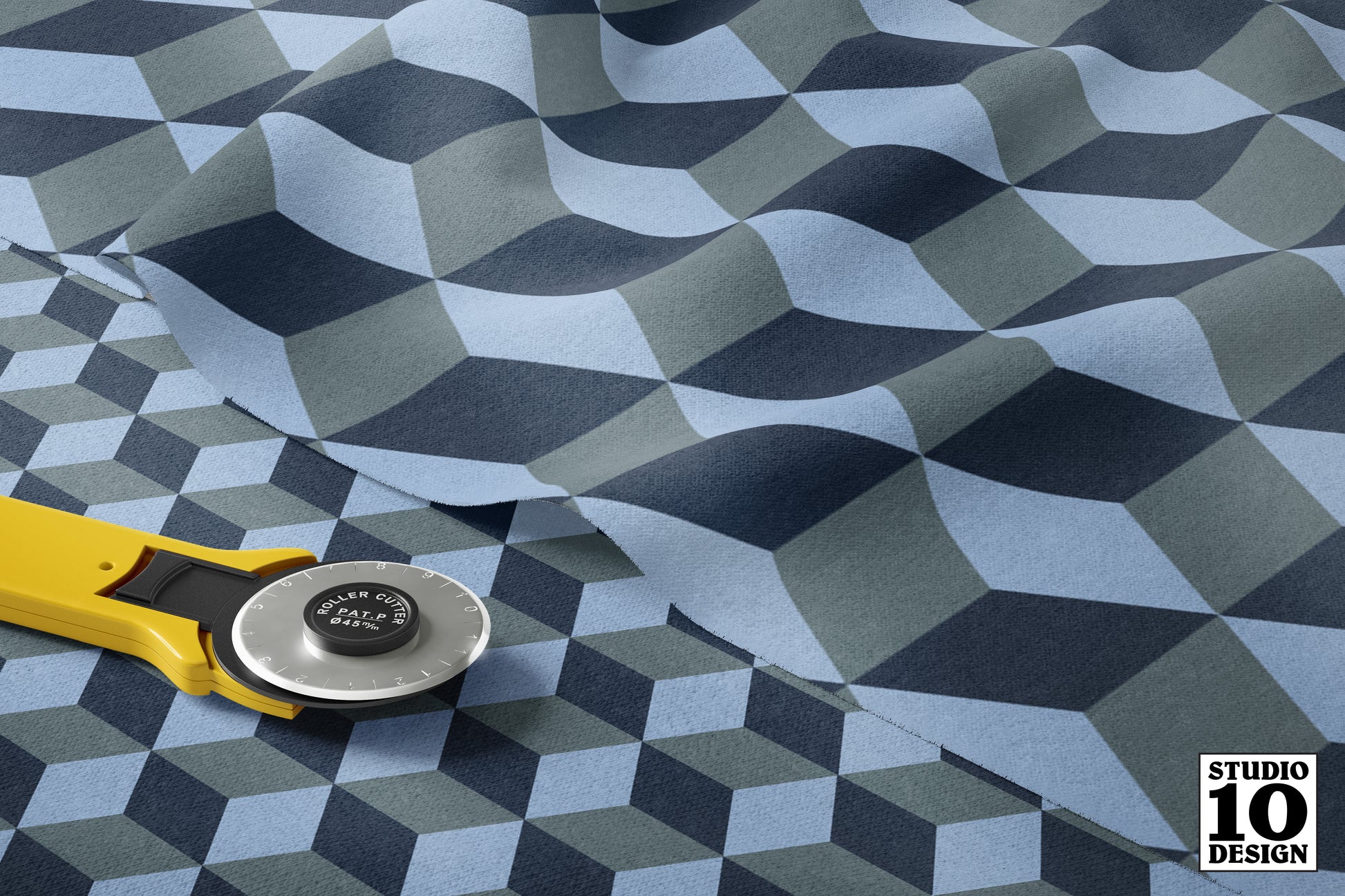 Tumbling Blocks: Sky Blue, Slate, Navy Printed Fabric by Studio Ten Design