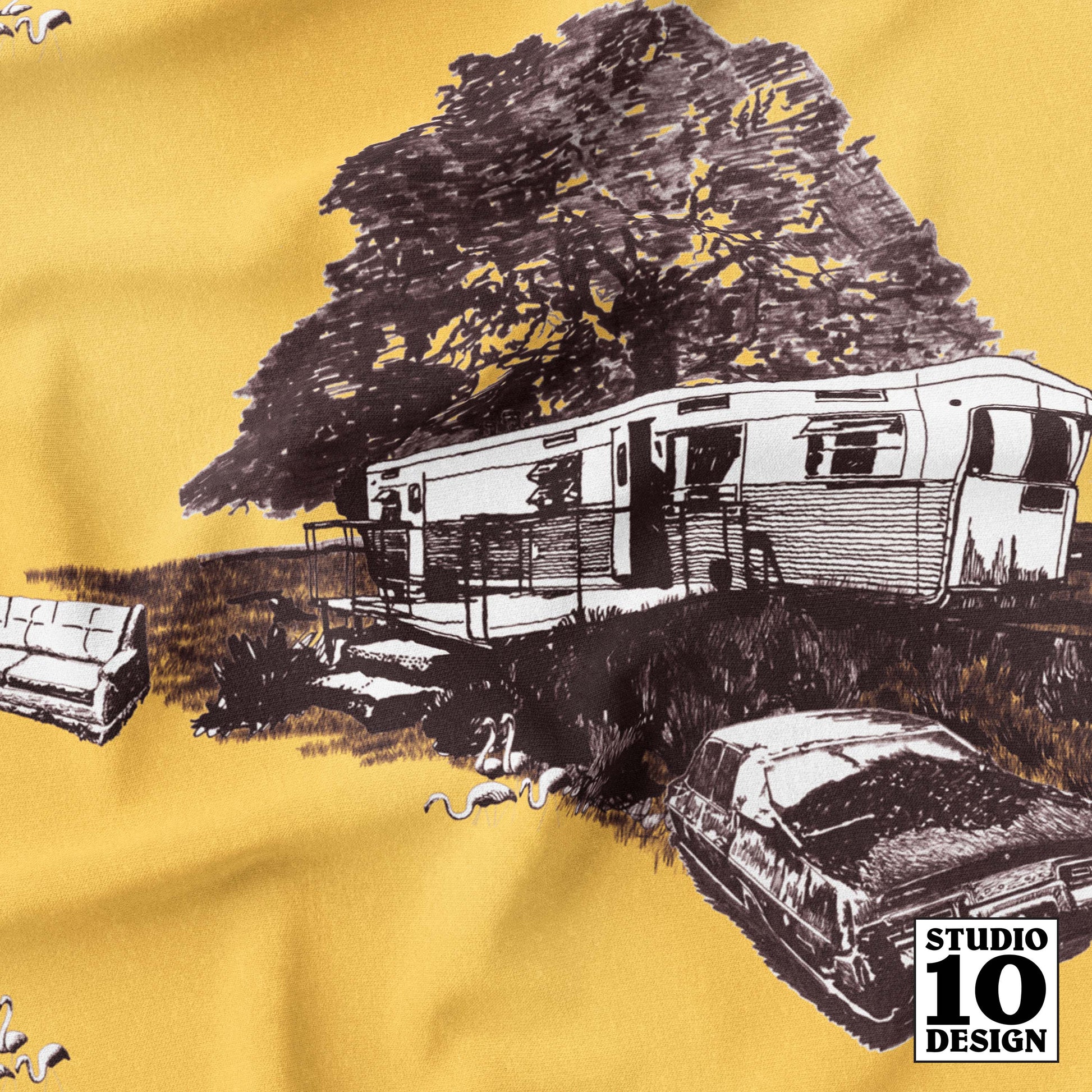 Trailer Trash Toile Brown on Golden Yellow Printed Fabric by Studio Ten Design