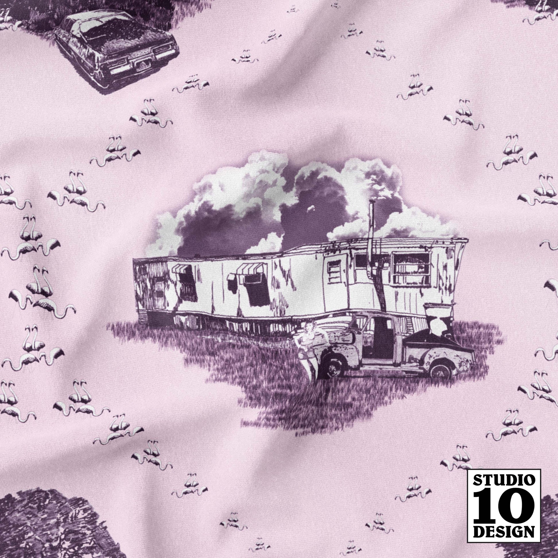 Trailer Trash Toile Pink (Smaller) Printed Fabric by Studio Ten Design