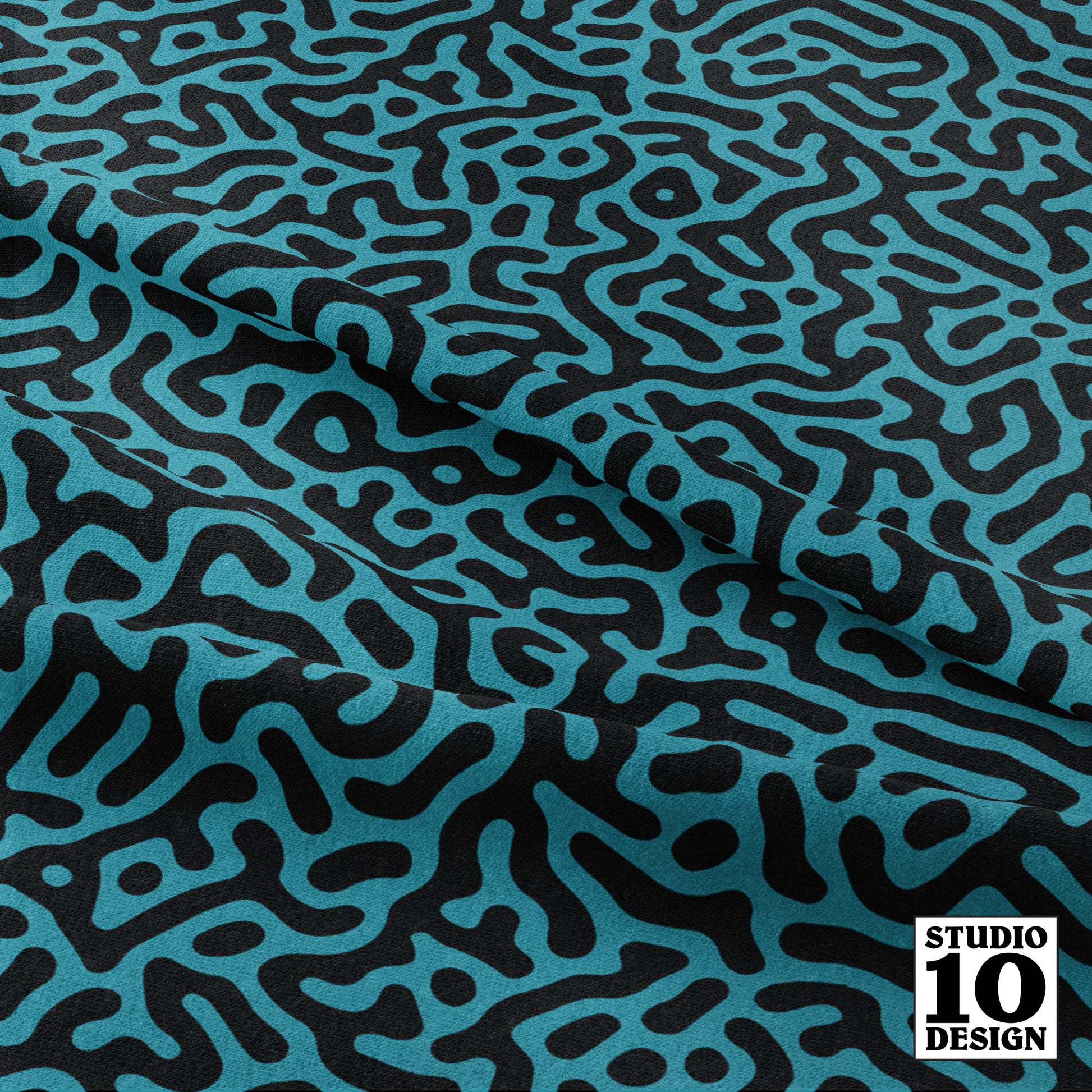 Turing Pattern I: Black + Lagoon Printed Fabric by Studio Ten Design