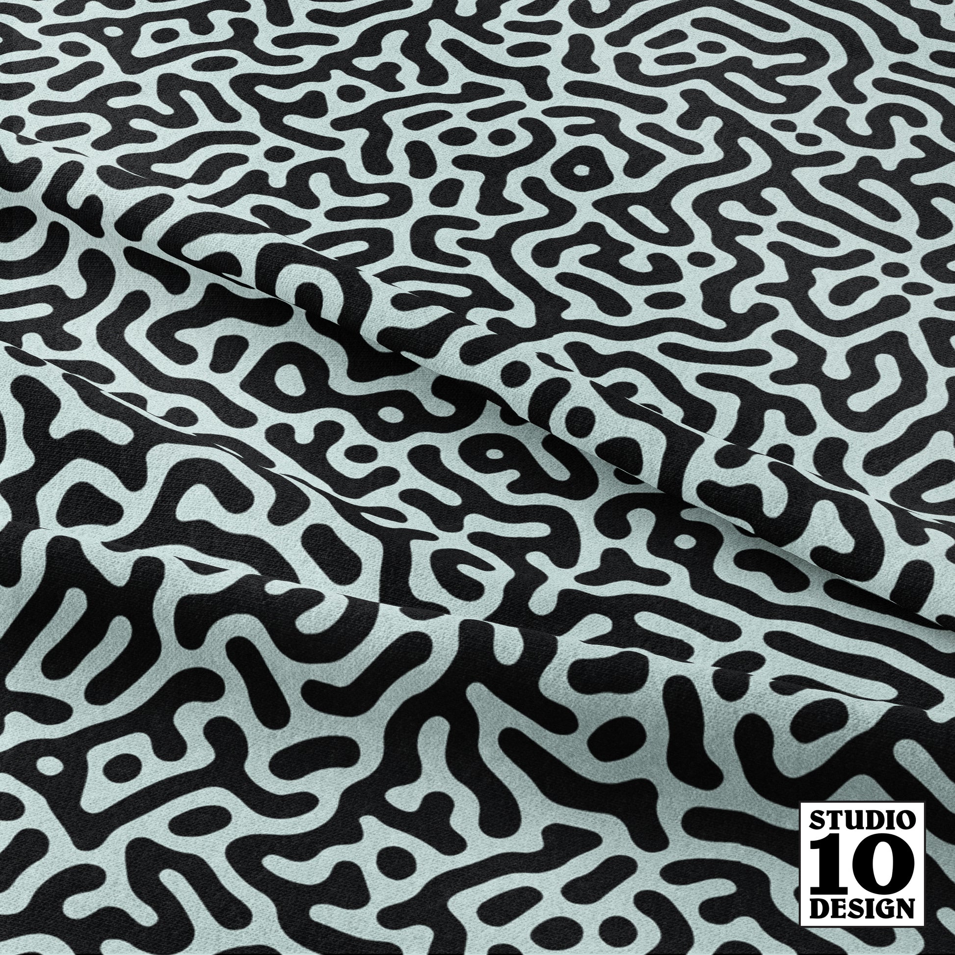 Turing Pattern I: Black + Sea Glass Printed Fabric by Studio Ten Design