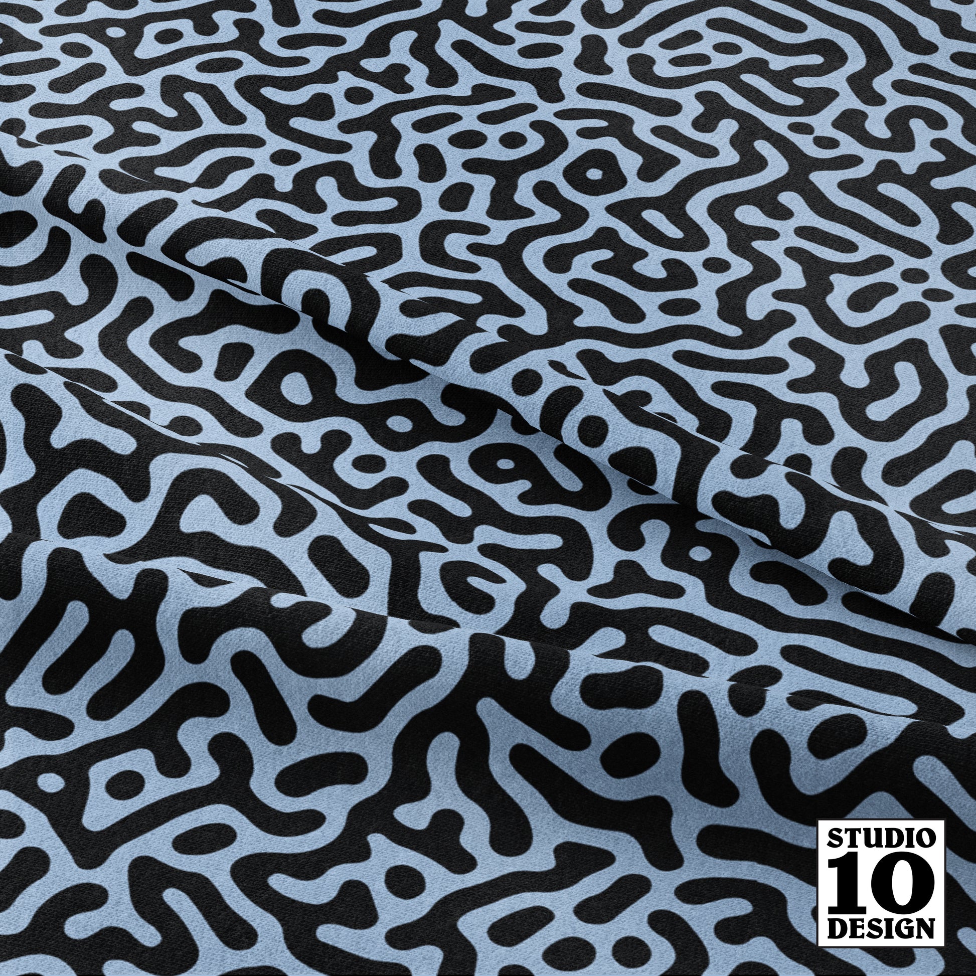 Turing Pattern I: Black + Sky Blue Printed Fabric by Studio Ten Design