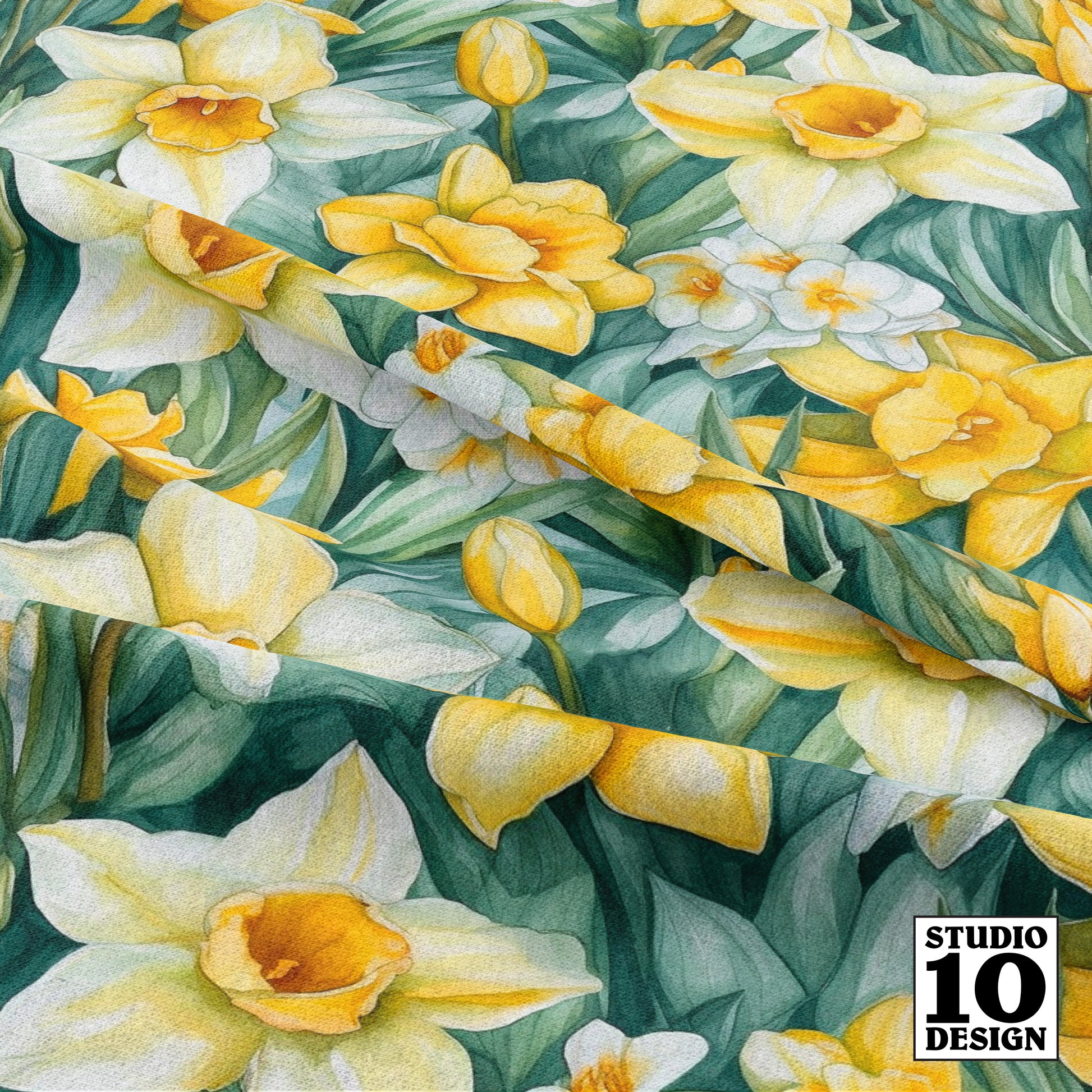 Springtime Symphony Watercolor Daffodils Printed Fabric by Studio Ten Design
