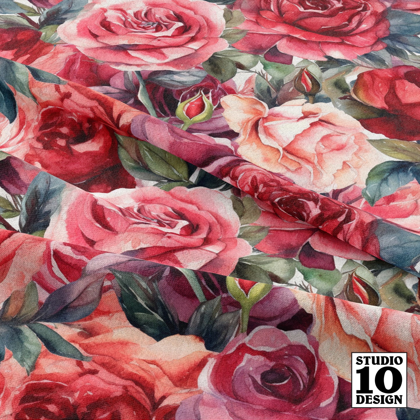 Vivid Watercolor Roses Printed Fabric by Studio Ten Design