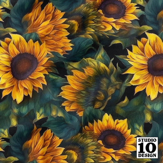 Watercolor Sunflowers (Dark) Printed Fabric by Studio Ten Design