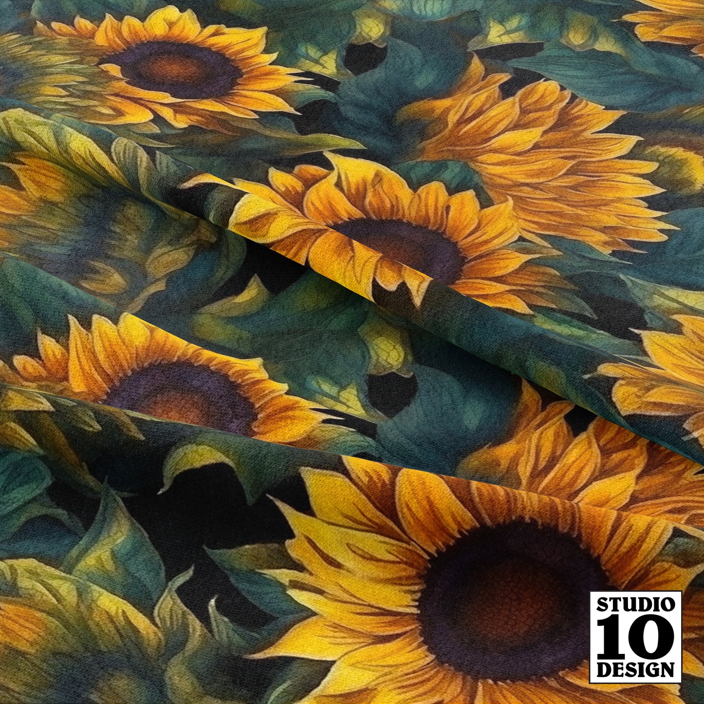 Watercolor Sunflowers (Dark) Printed Fabric by Studio Ten Design