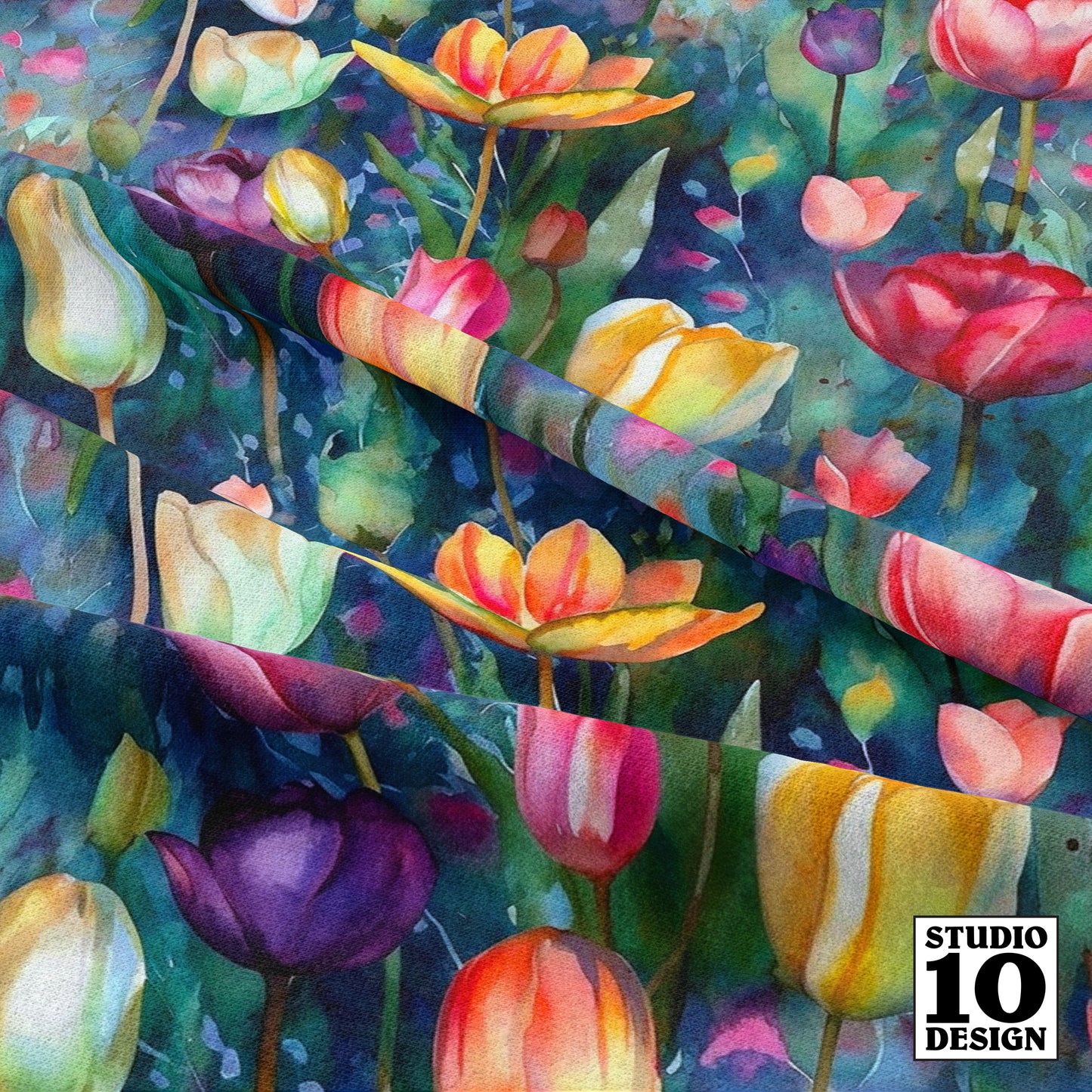 Midnight Sonata Watercolor Tulips Printed Fabric by Studio Ten Design