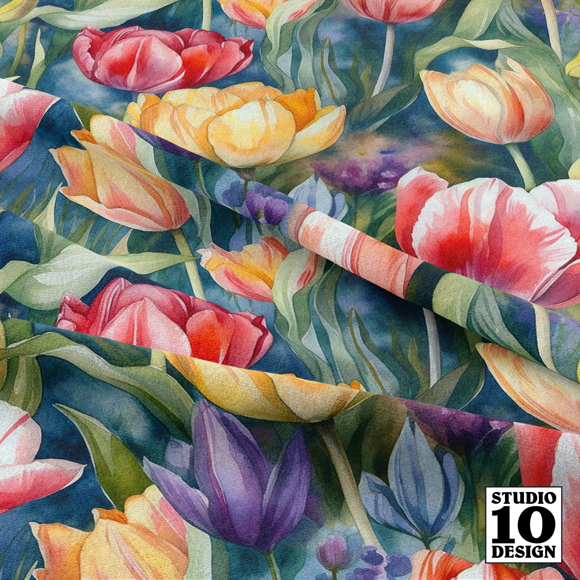 Vibrant Rhapsody Watercolor Tulips Printed Fabric by Studio Ten Design