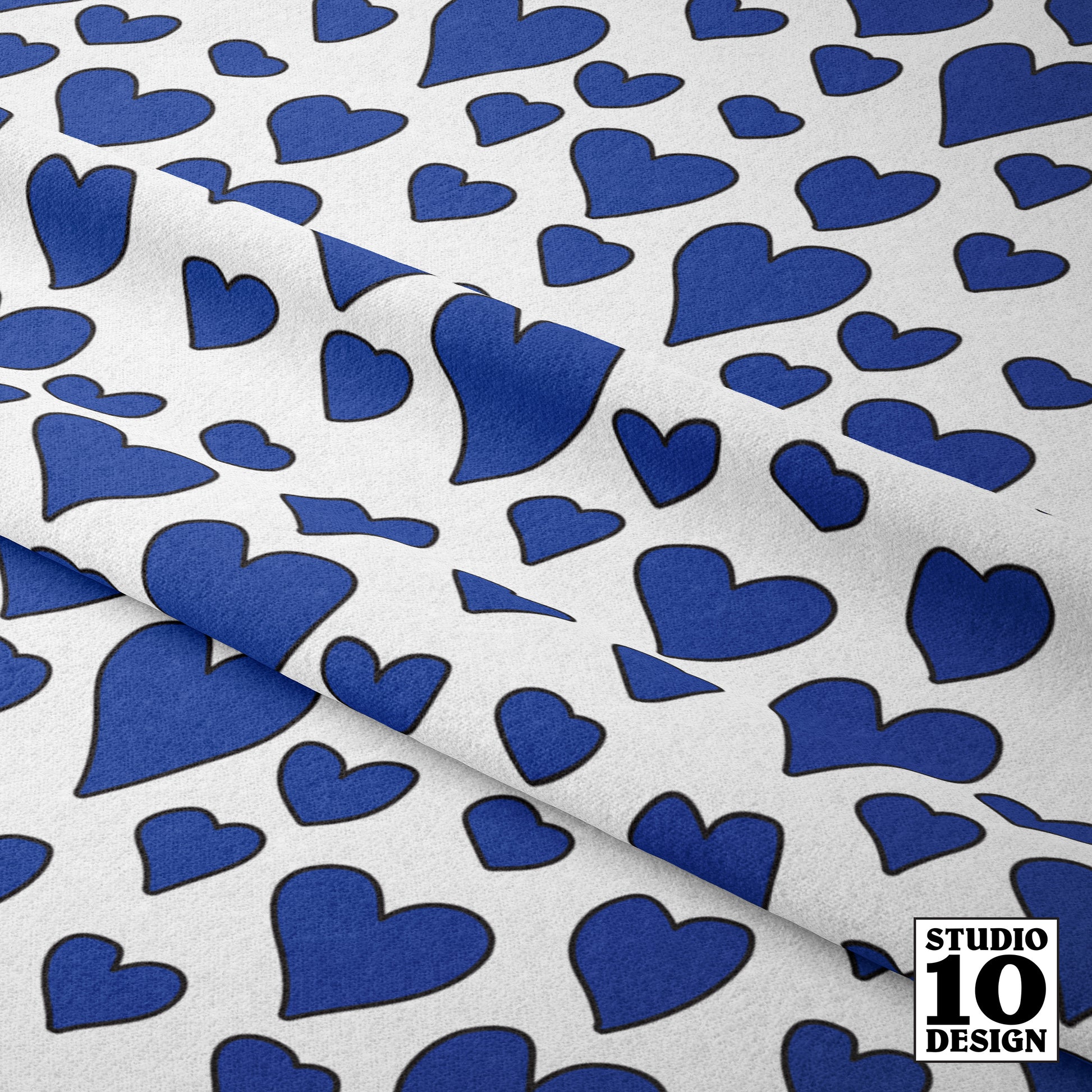 Rainbow Hearts Blue+White Printed Fabric by Studio Ten Design