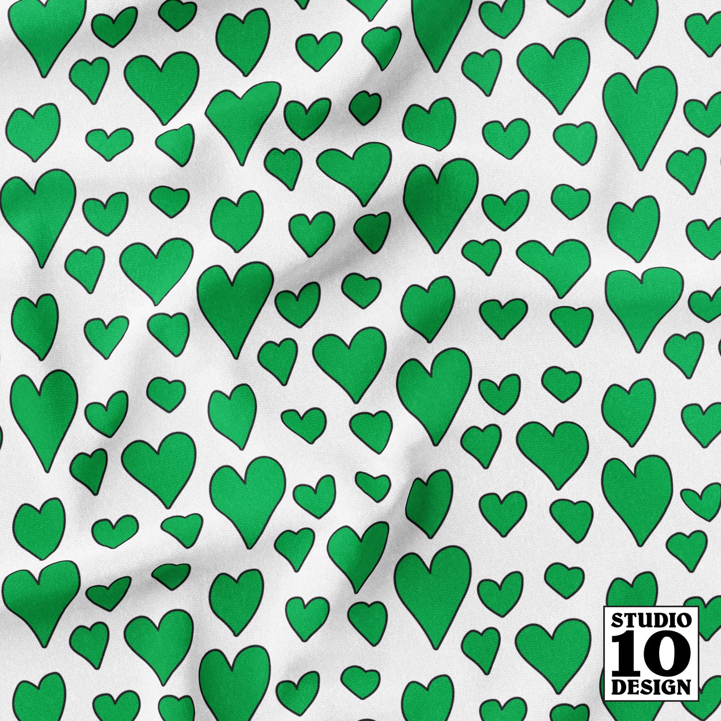 Rainbow Hearts Green+White Printed Fabric by Studio Ten Design
