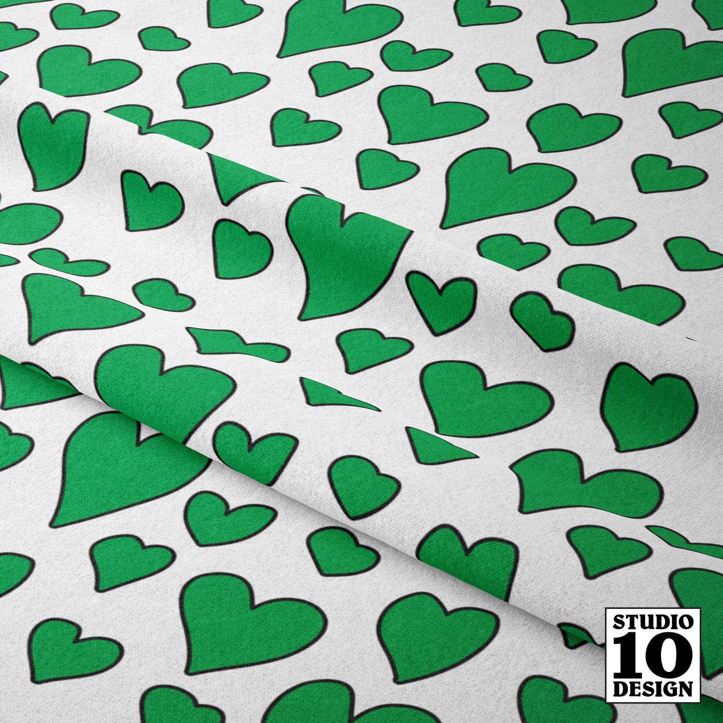 Rainbow Hearts Green+White Printed Fabric by Studio Ten Design