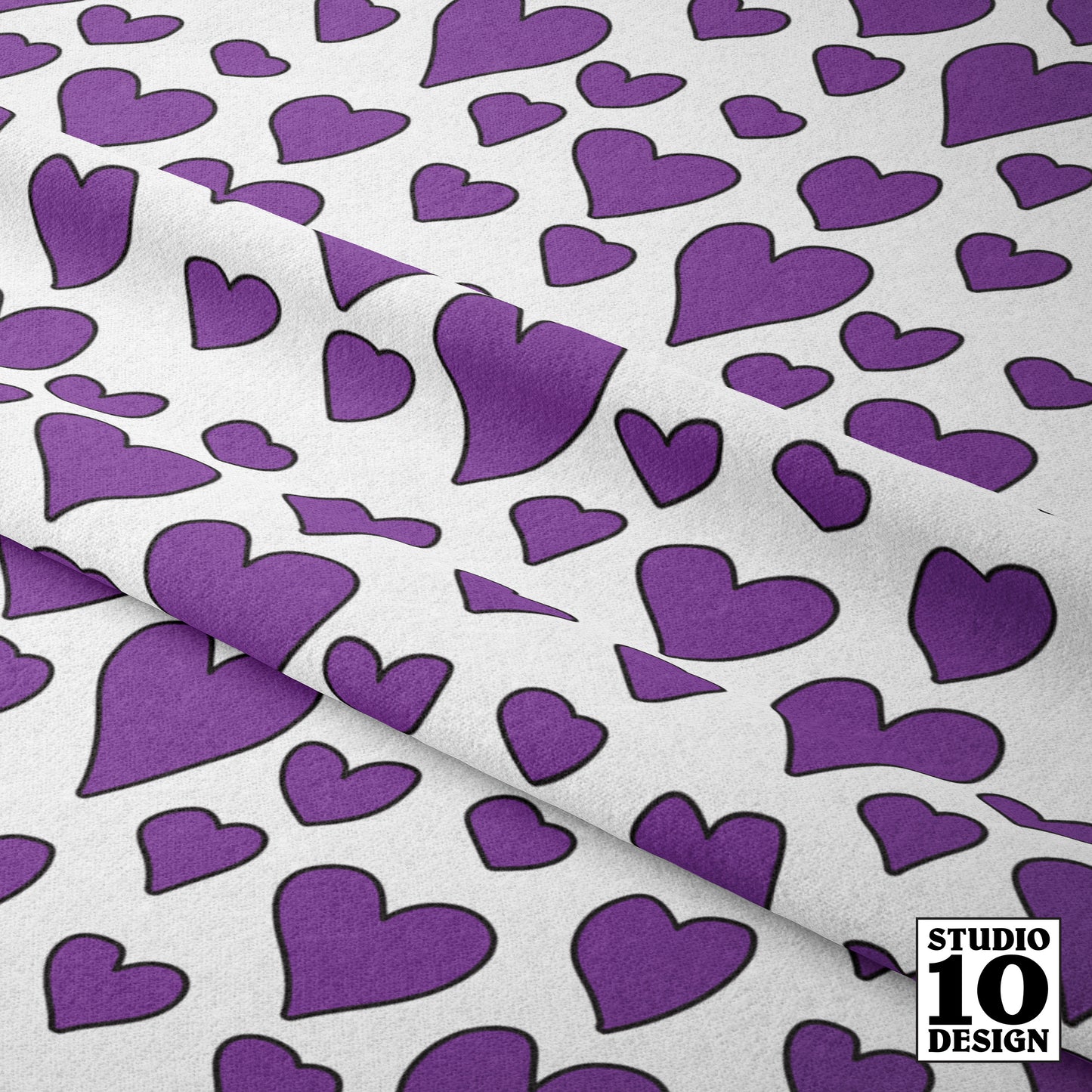 Rainbow Hearts Violet+White Printed Fabric by Studio Ten Design