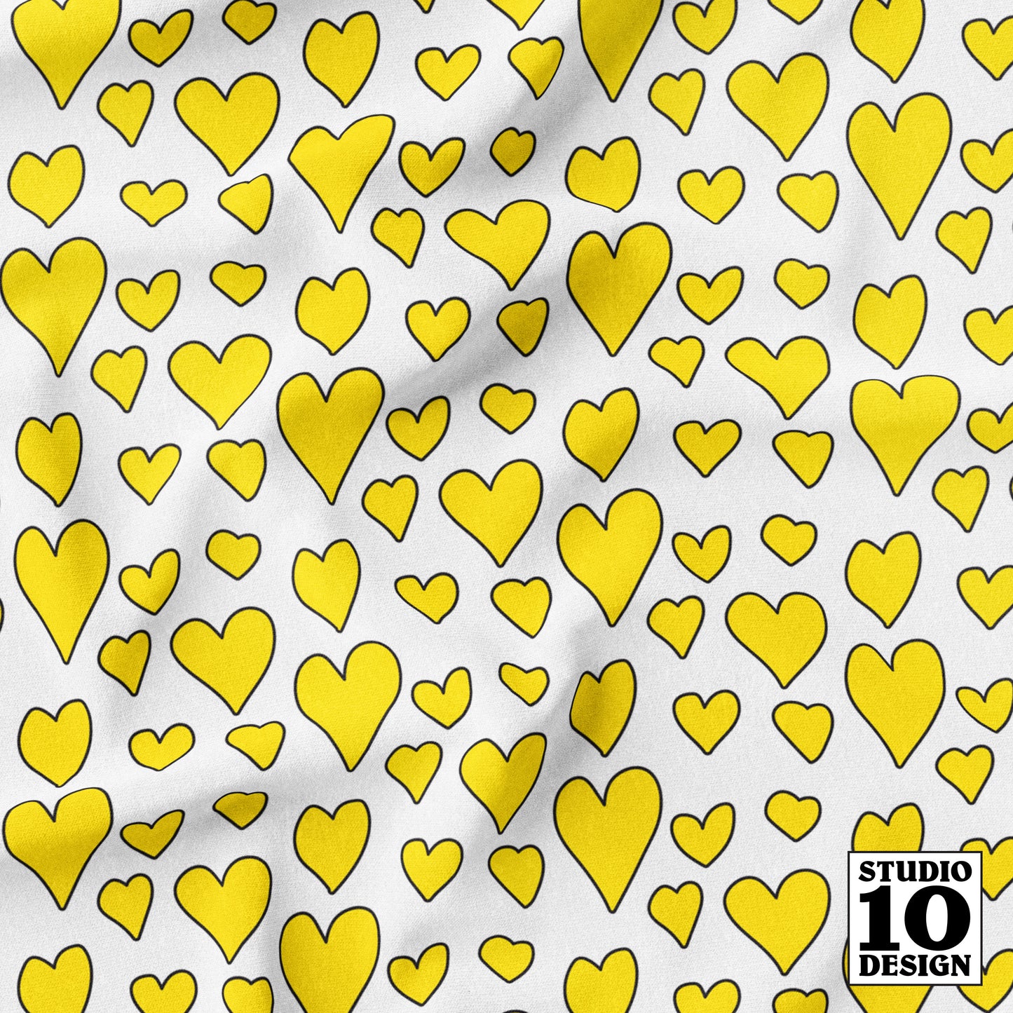 Rainbow Hearts Yellow+White Printed Fabric by Studio Ten Design