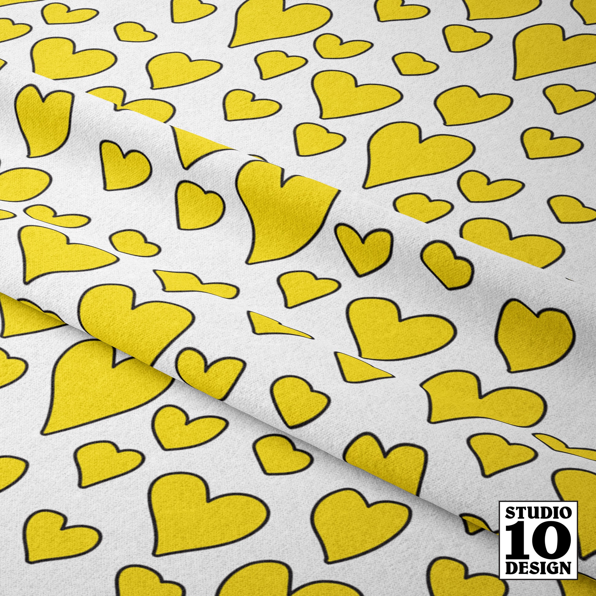 Rainbow Hearts Yellow+White Printed Fabric by Studio Ten Design
