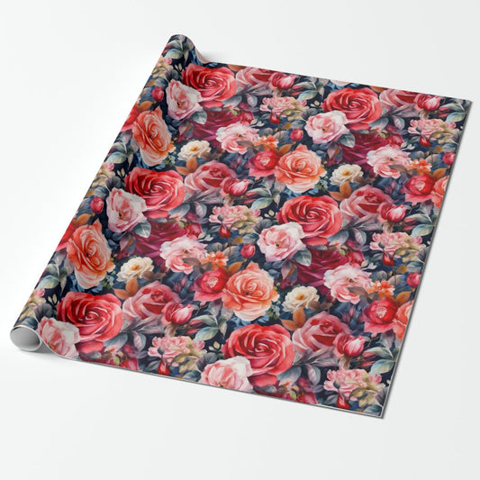 Watercolor Roses (Dark) Wrapping Paper Roll